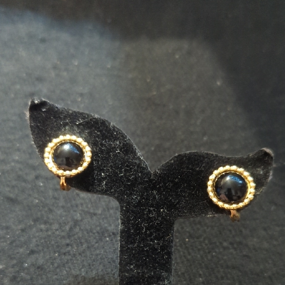 Vintage Monet Gold Tone Black Enamel Round Clip On Statement Earrings